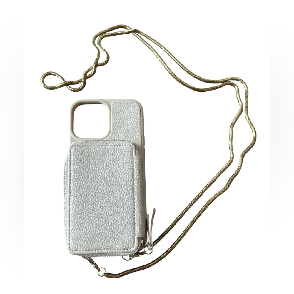 Cream leather phone case w wallet & cream and gold strap